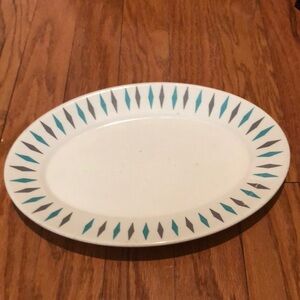 Homer Laughlin China Oval Platter Turquoise Atomic Diamond Pattern